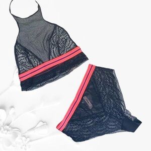 Victoria's Secret Black Lace Bralette & Brief Set with Pink Striped Band